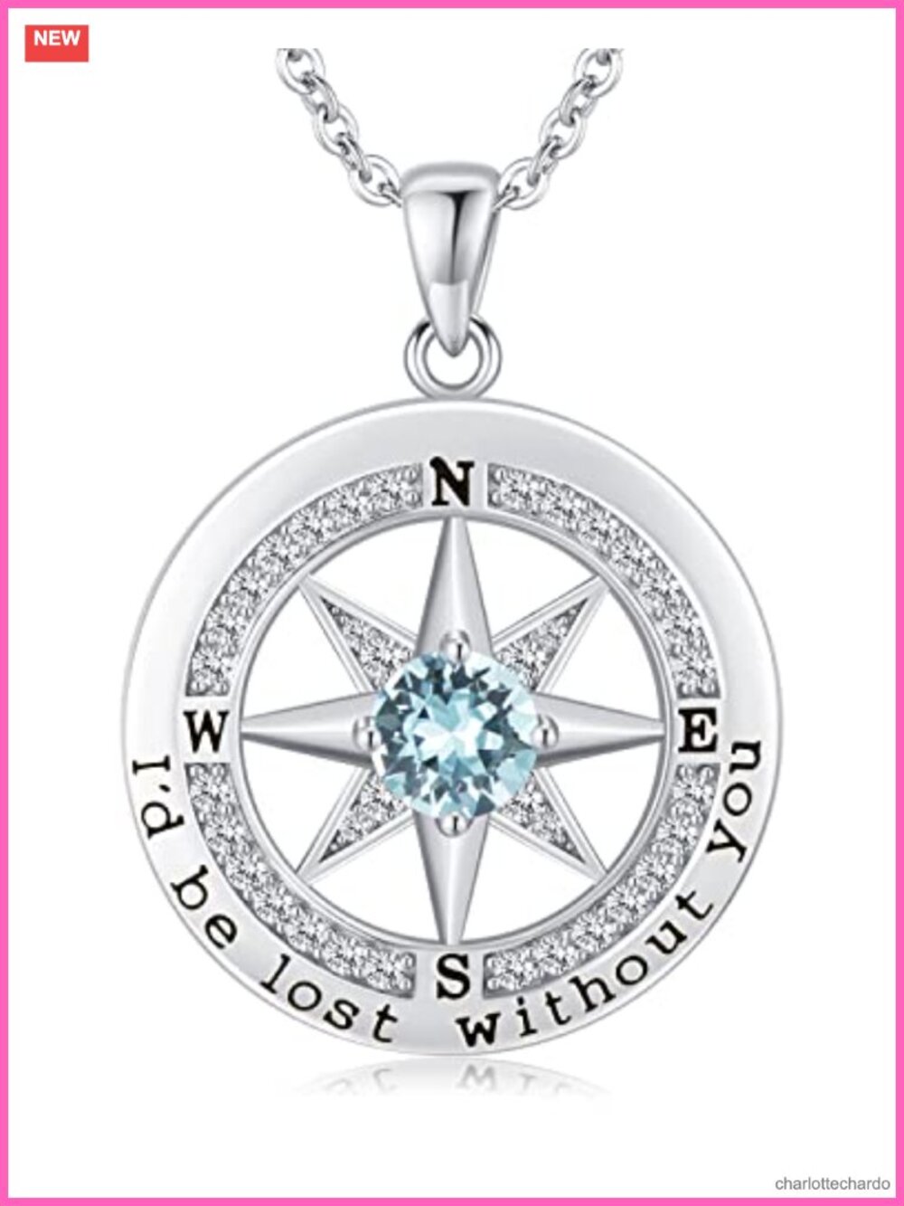 S925 Sterling Silver Compass Necklace Cubic Zirconia Pendant Anniversary Gift
